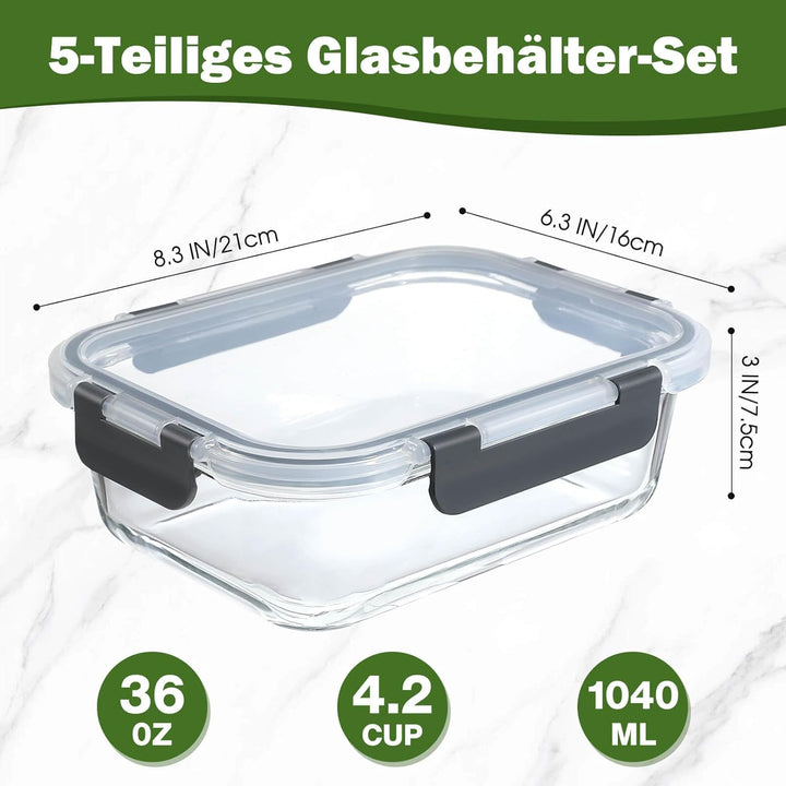 YASHE 5 Teile Glasbehälter mit Deckel, 1040ml Stapelbar & Luftdicht Meal Prep Boxen Glas für Spülmas