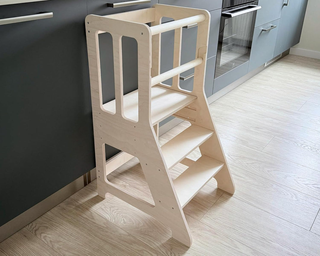 Montessori Lernturm für Kleinkinder - Verstellbarer 3-stufiger Küchenhocker Helfer - Baltisches Birk