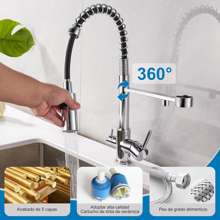 3 Wege Wasserhahn Küche, Ausziehbar Küchenarmatur, Spültischarmatur aus Messing, 3 in 1 Mischbatteri