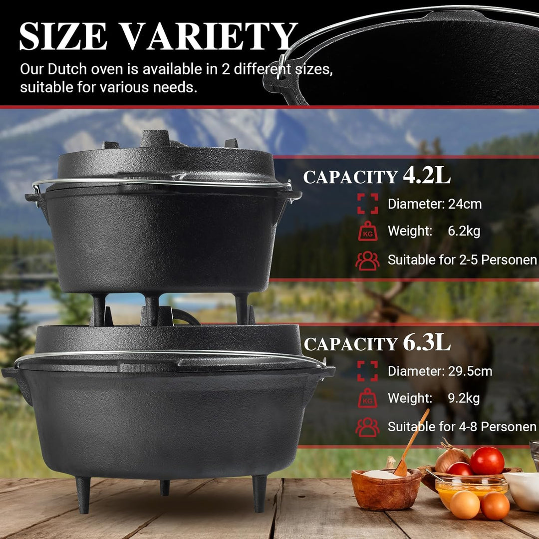 OVERMONT Dutch Oven Feuertopf Eingebrannter Gusseisen Kochtopf mit Füssen Doppelfunktion Deckel Deck