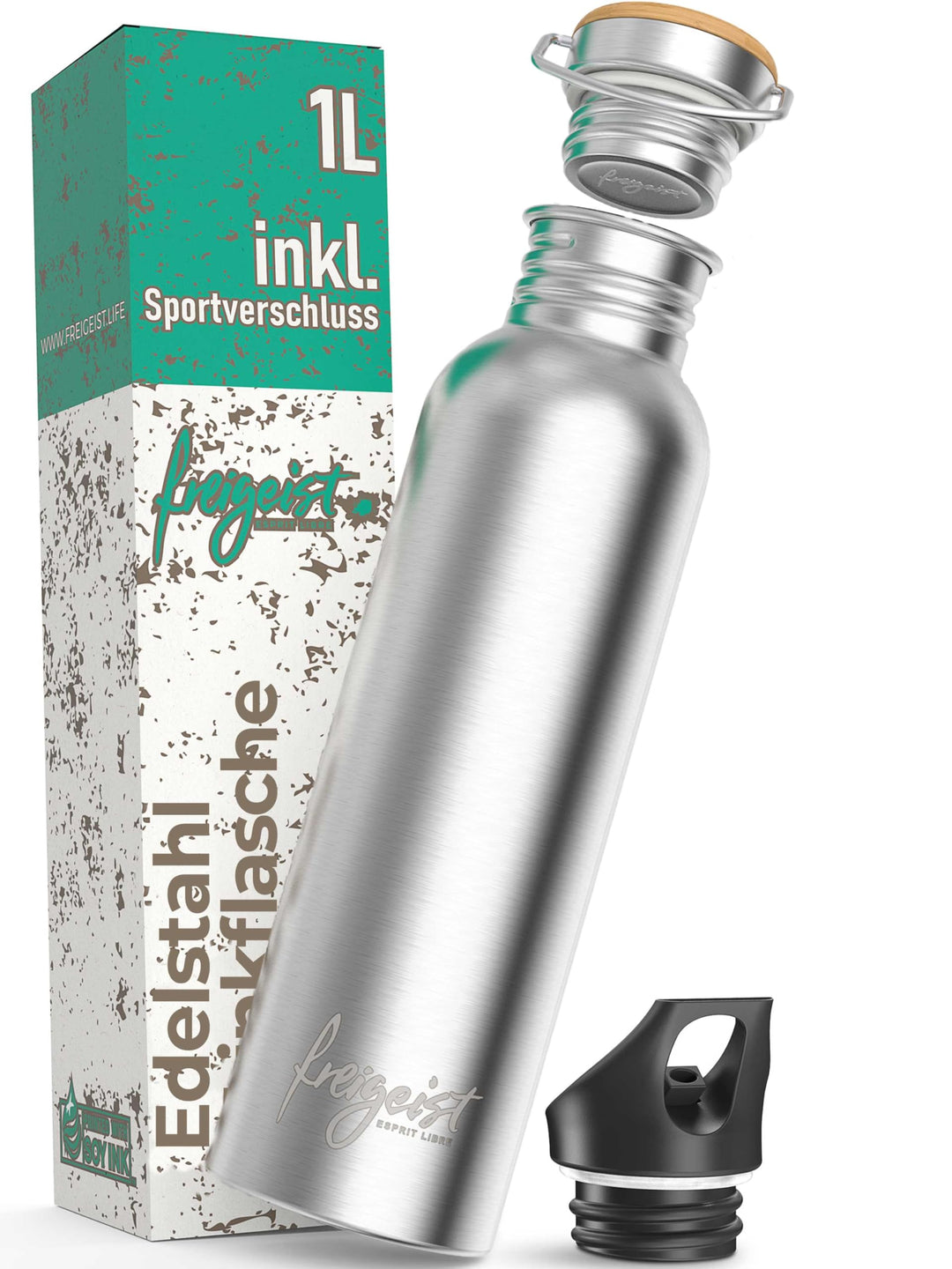 freigeist Trinkflasche Edelstahl 1l einwandig mit Gratis Sportverschluss - Trinkflasche 1l | 750 | 5