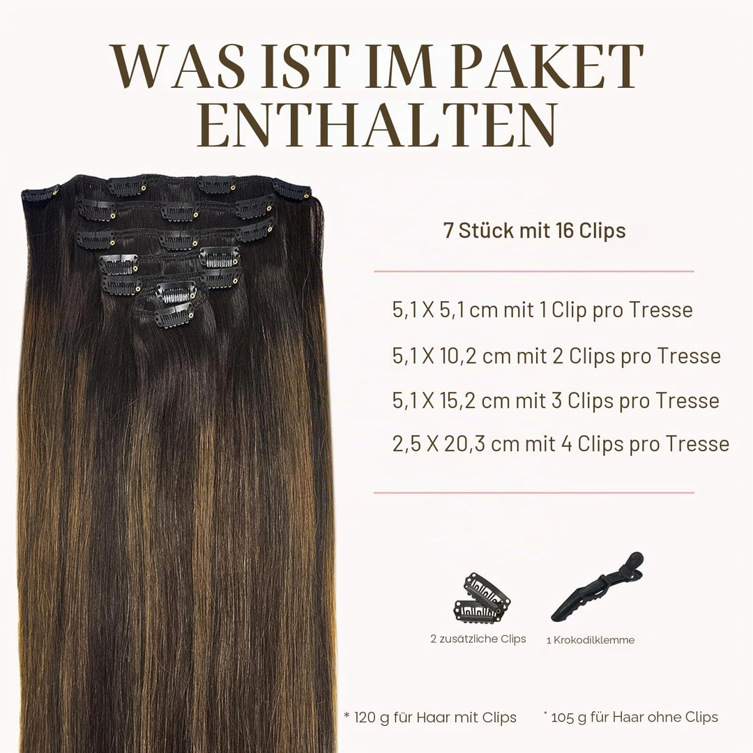 GOO GOO Clip in Extensions Echthaar, Echthaar Extensions Clip, 35cm 120g 7pcs, Clip In Haarverlänger