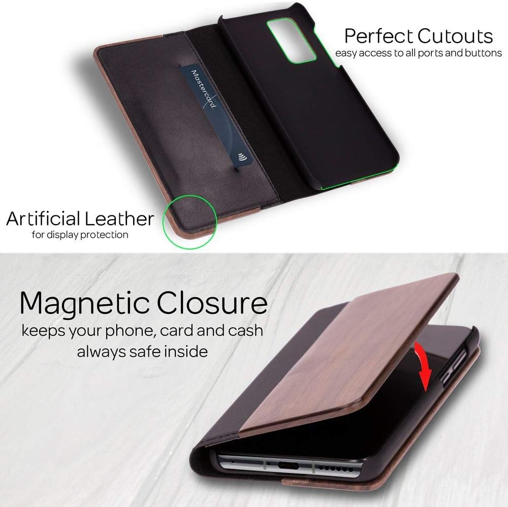 NALIA Echt-Holz Flipcase kompatibel mit Huawei P40 Hülle, Premium Wood Etui Handyhülle mit Klappe, H