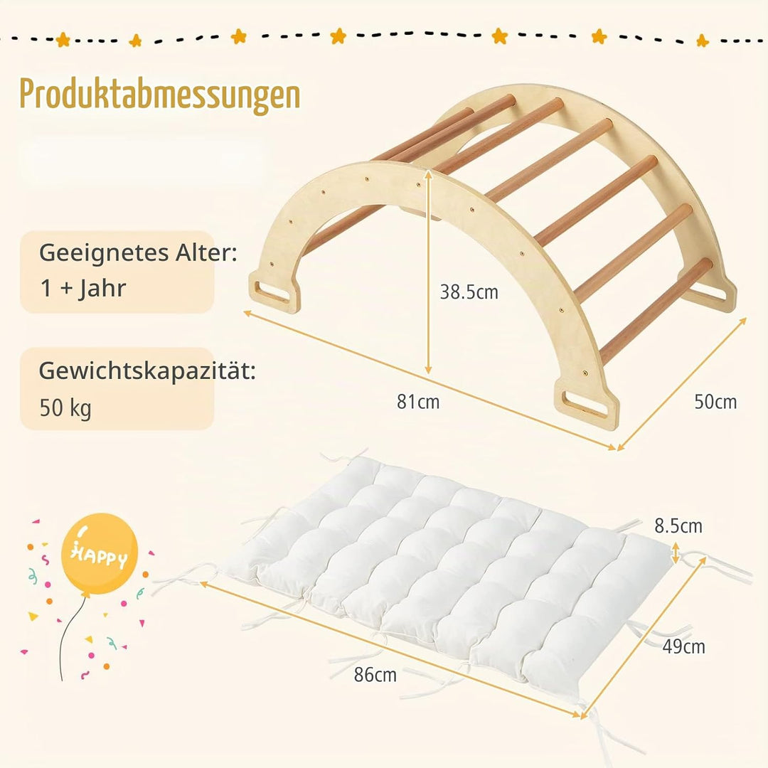 HOMASIS Kletterbogen mit Kissen, Holz Klettergerüst Indoor, Montessori Holzwippe Bogenwippe zum Wipp