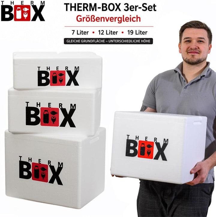 THERM BOX 3er Set Styroporbox 7W 12W 19W Innen L33,5 x B23,5 cm Innenhöhen 9/15/27 cm Wandstärke 3 c