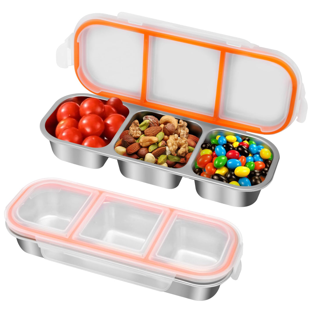 Snackbox mit 3 Fächern Edelstahl: 2 Stück Auslaufsicher Snackdose mit Deckel(600ml)-Tragbare Brotdos