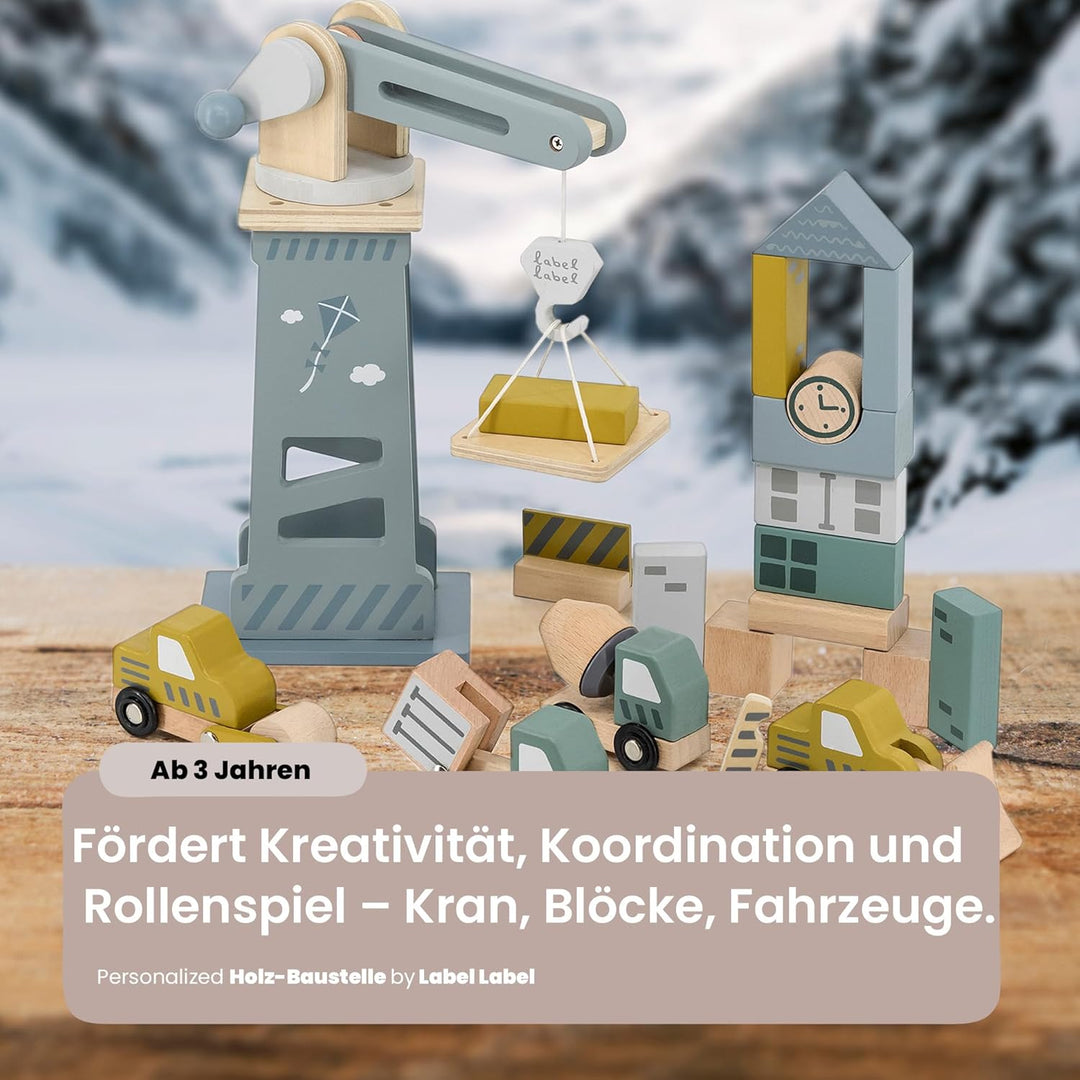 Personalisierbares Holz-Baustellen-Set – Fahrzeuge & Zubehör für Rollenspiele – für Kinder ab 3 Jahr