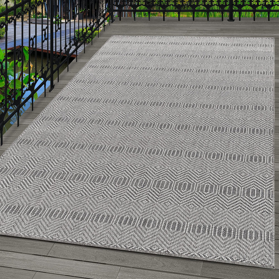 In- &amp; Outdoor Teppich Robuster, Ethno Look Boho Design, Rechteckig, Grau und Creme Farbe, Flachgeweb