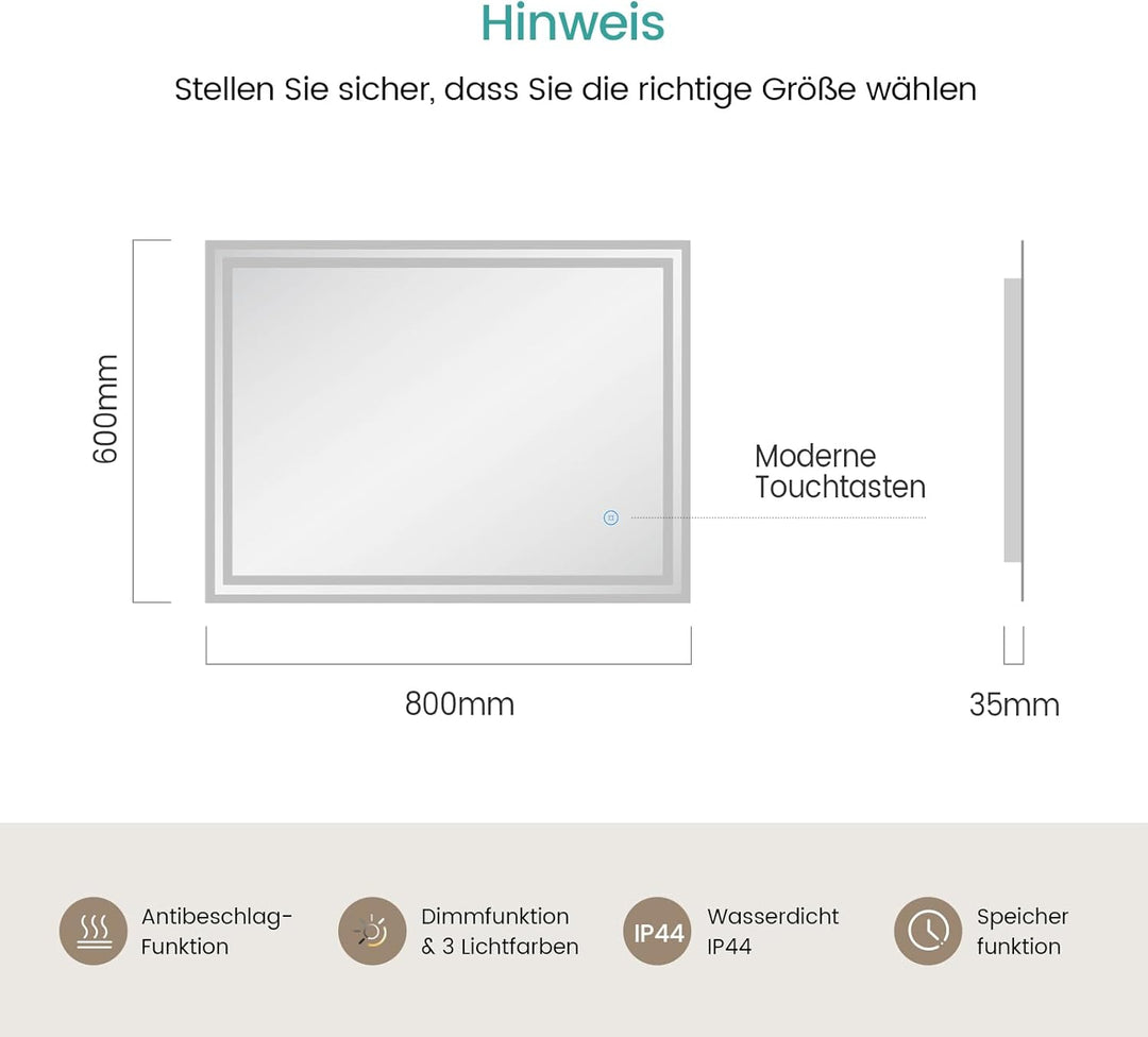 EMKE Badspiegel mit Beleuchtung 80x60cm, Badezimmerspiegel mit Antibeschlag, 3 Lichtfarben dimmbar,