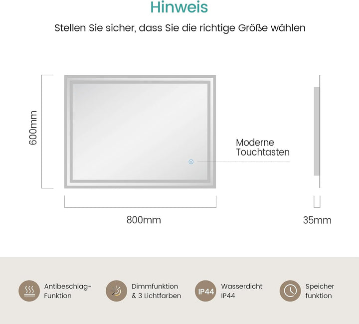 EMKE Badspiegel mit Beleuchtung 80x60cm, Badezimmerspiegel mit Antibeschlag, 3 Lichtfarben dimmbar,