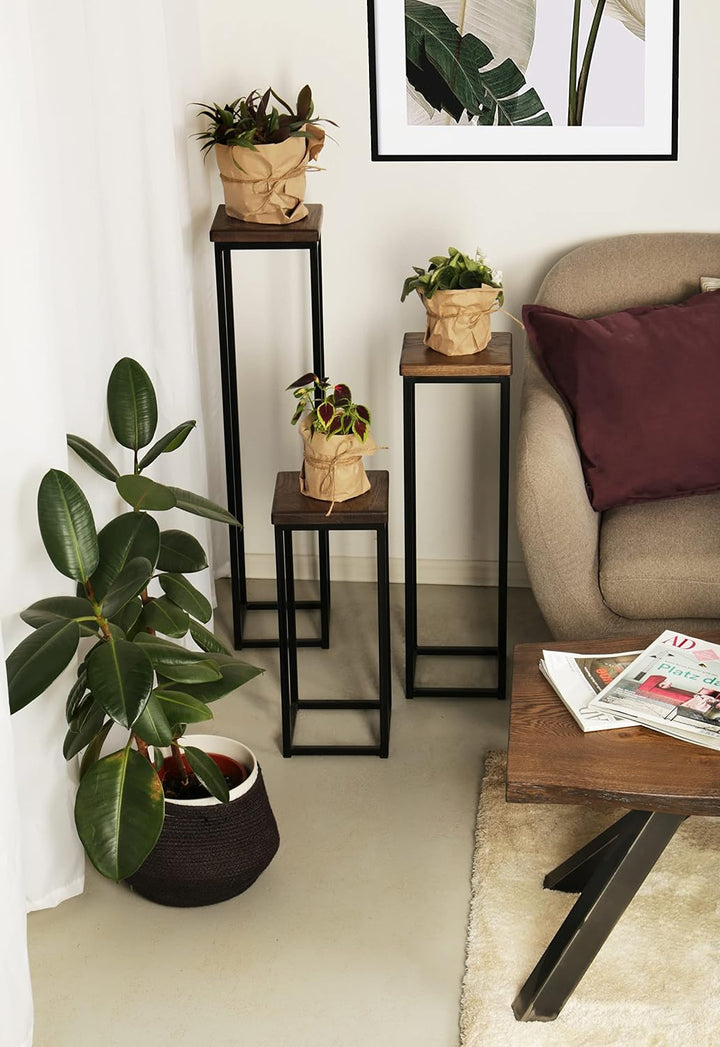 1 BestLoft Blumensäule Dora aus Eiche - Dekosäule im schlanken Design + Stahlgestell (Gestell Schwar