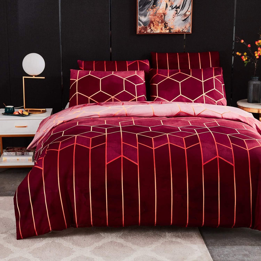 Luofanfei Bettwäsche Gestreift 135x200cm 4teilig Weinrot Geometrisch Bettbezug Set Microfaser Bettde
