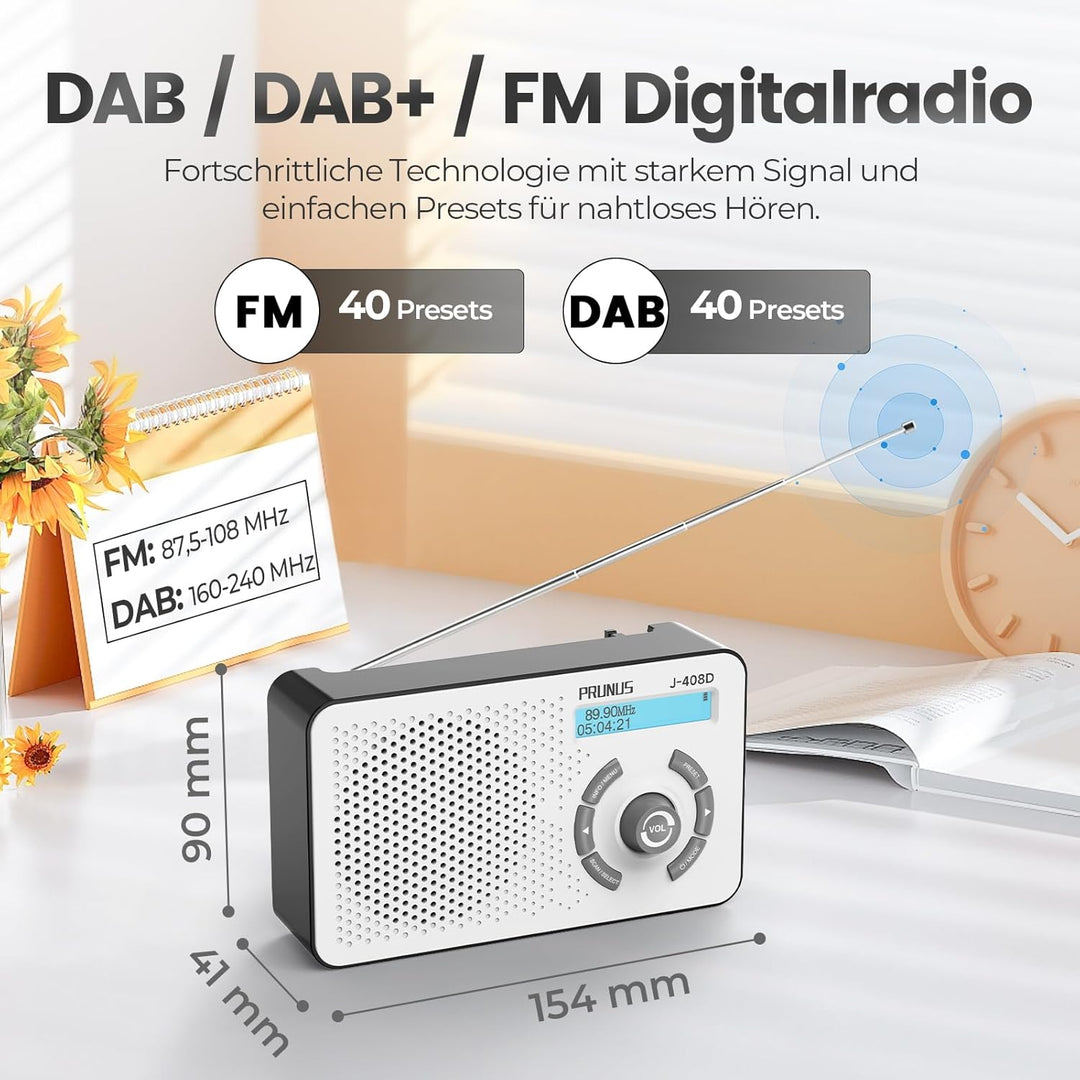 PRUNUS J-408 UKW DAB Radio mit Bluetooth 5.3, DAB Plus Radio Batteriebetrieben oder 2000mAh Akkubetr