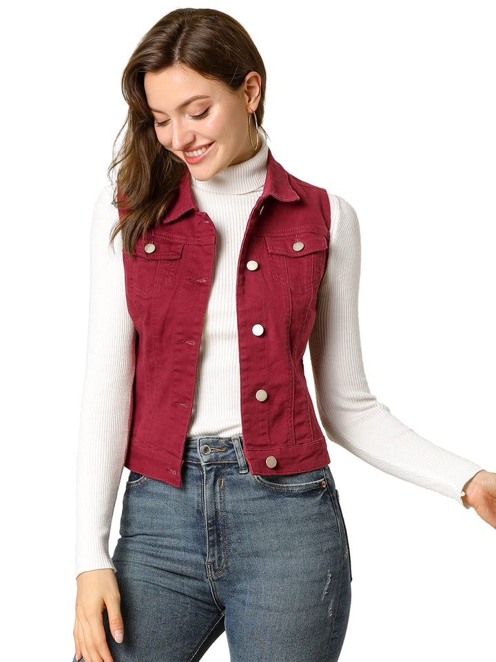 Allegra K Damen Jeansweste Ärmellos Knopfleiste Denim Rever Jacke Westen mit Taschen M Burgund, M Bu