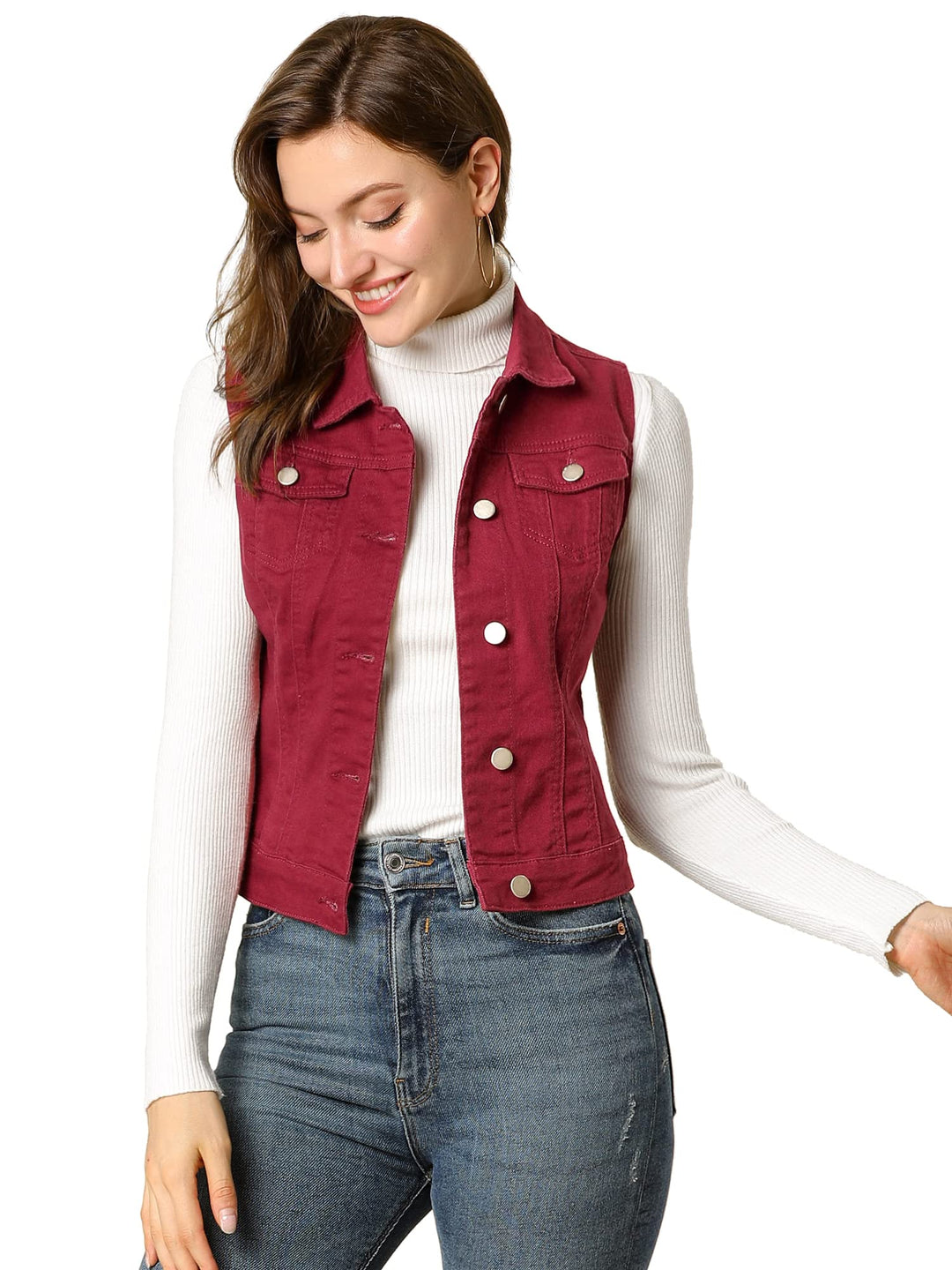 Allegra K Damen Jeansweste Ärmellos Knopfleiste Denim Rever Jacke Westen mit Taschen XL Burgund, XL