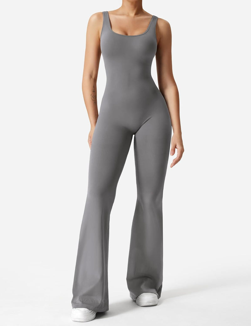 ZAAYO Damen Flared Jumpsuit Tight Scrunch Butt Overalls Lang Ärmelloser Sport rückenfrei Jumpsuit Yo