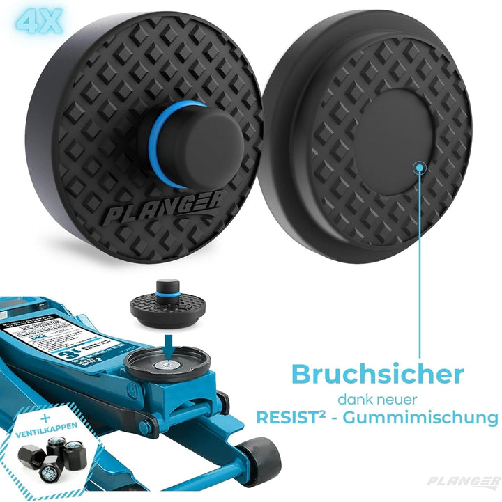 PLANGER® Tesla Wagenheber Beläge - 4X ENRGY PAD flach + 4 VENTILKAPPEN (Model 3 - Model S - Model Y