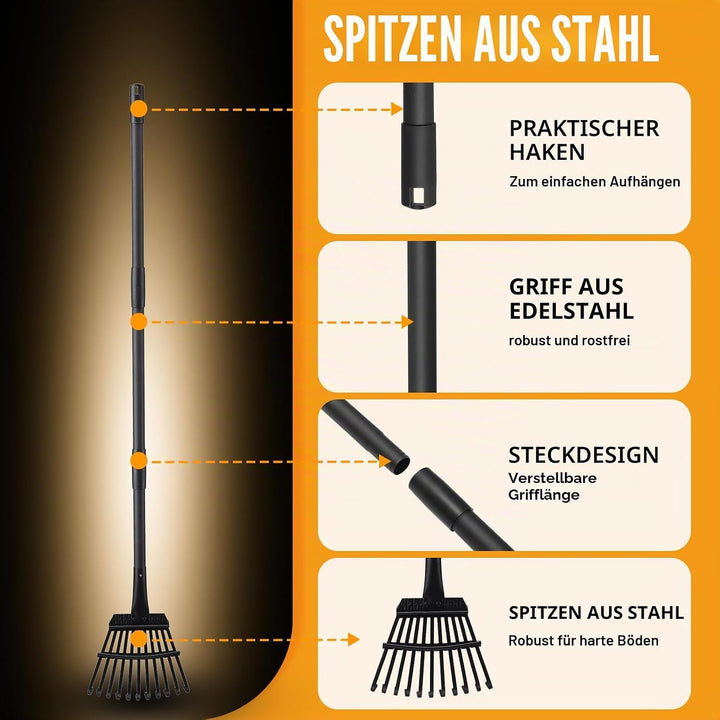 Kleiner Gardena Laubrechen Mit Stiel, 11 Zinken Metall Laubrechen Mit 160 cm Langem Verstellbarem St