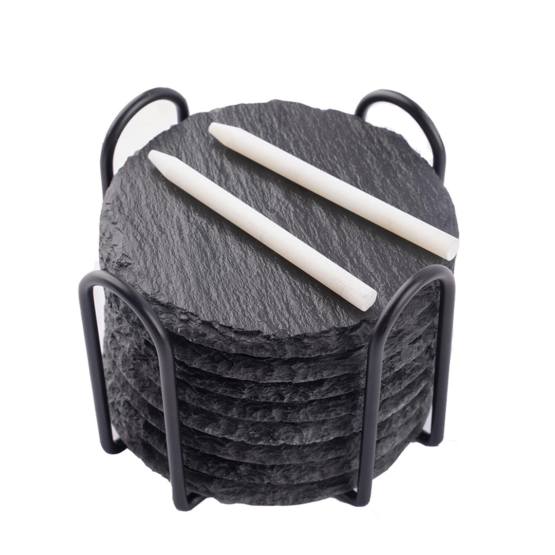 Schiefer Untersetzer für Gläser 8er Set, Glasuntersetzer Schiefer rund mit Halter 10x10 cm, Bierdeck