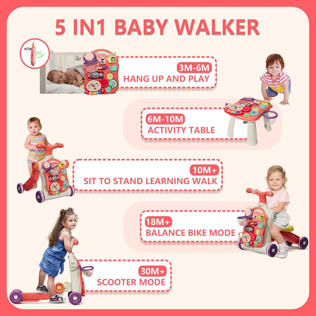HYES 5 in 1 Lauflernwagen, Baby Spiel und Lauflernhilfe mit Musik und Abnehmbarem Spielboard, Laufwa