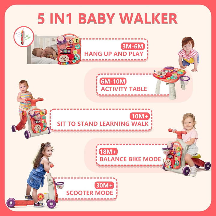 HYES 5 in 1 Lauflernwagen, Baby Spiel und Lauflernhilfe mit Musik und Abnehmbarem Spielboard, Laufwa