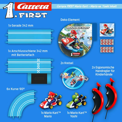 Carrera First Mario Kart Rennbahn-Set | Mario vs. Yoshi | 2 Fahrzeuge inklusive | Kreisel für extra