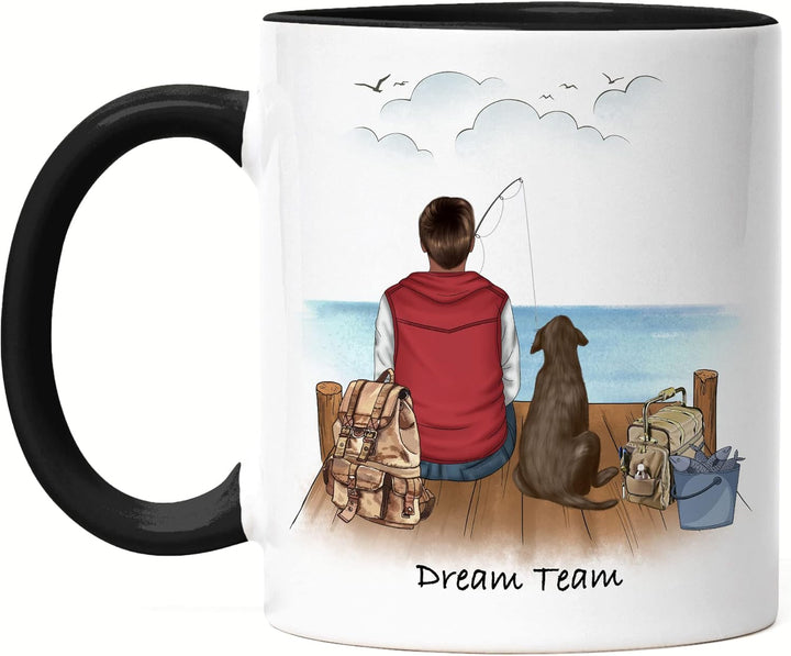 Angler & Hund Tasse Schwarz Personalisiert Individuell mit Name Angeln Fischen Geschenk Opa Vater zu