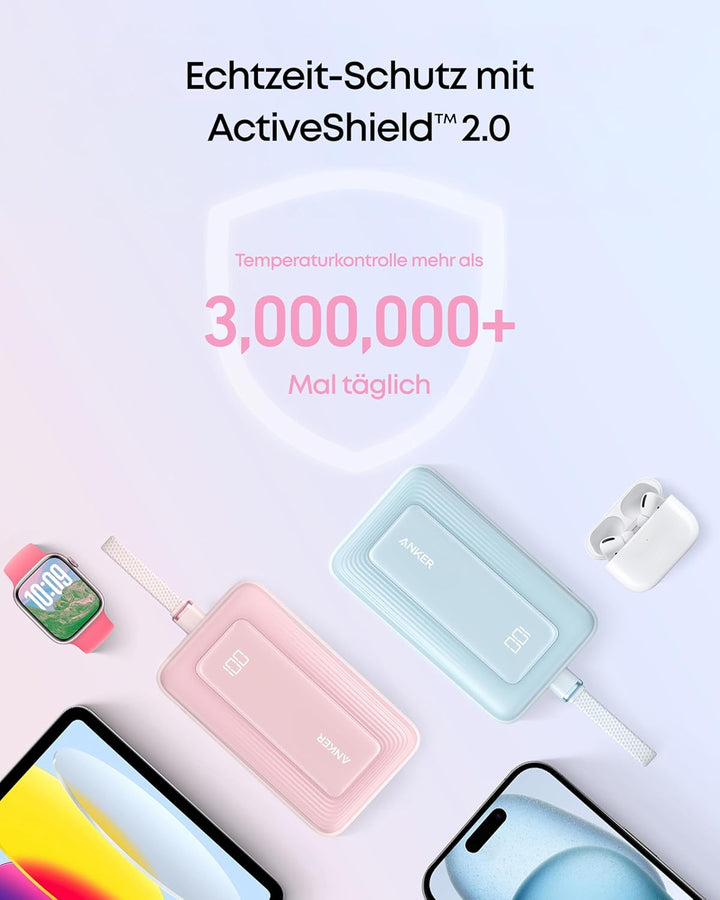 Anker Power Bank, Powerbank 20000mAh 30W mit integriertem USB-C Kabel, High-Speed portables Ladegerä