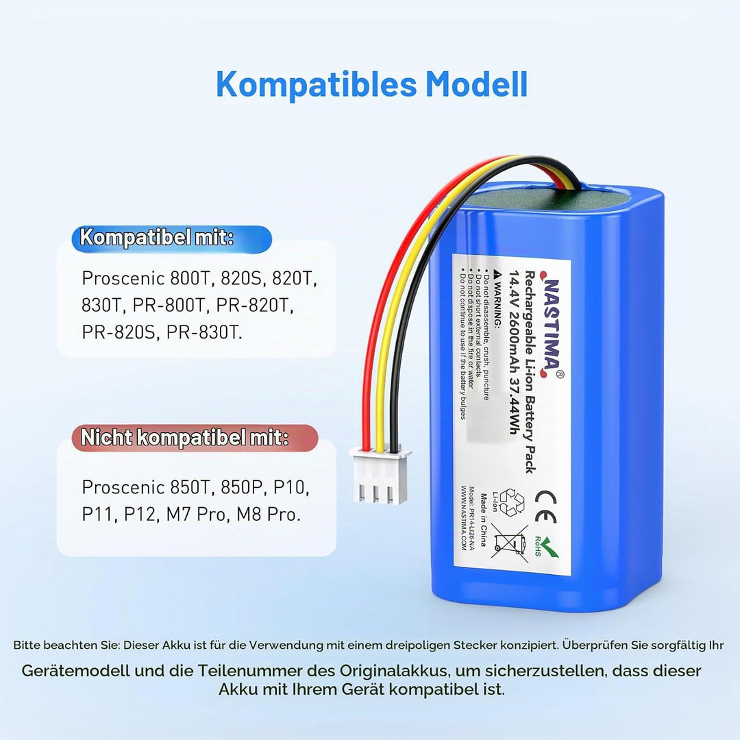 NASTIMA 14,4V 2600mAh Li-ion Ersatzakku für Proscenic 800T 820T 820S, Li-ion Akku für Proscenic PR-8