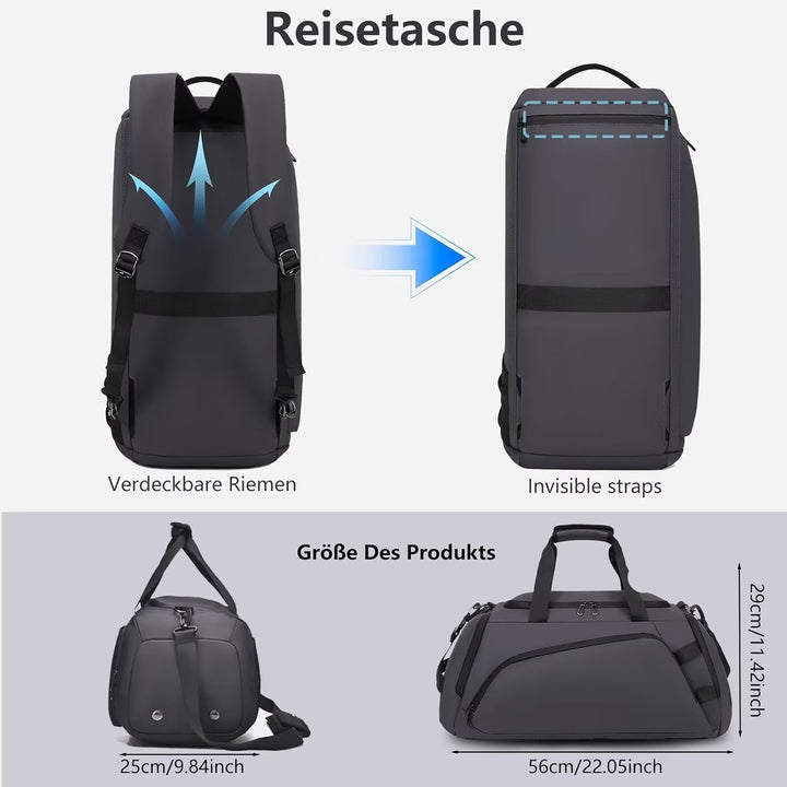 Sporttasche Herren mit Schuhfach Nassfach Gross 40L Reisetasche Rucksack Grau Duffel Fitness Bag Tra