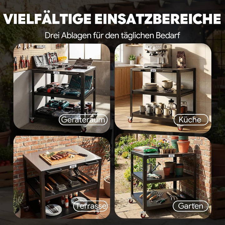Feasto Grillwagen mit Edelstahl - Arbeitsplatte, 3 Etagen Grilltisch mit höhenverstellbaren Zwischen