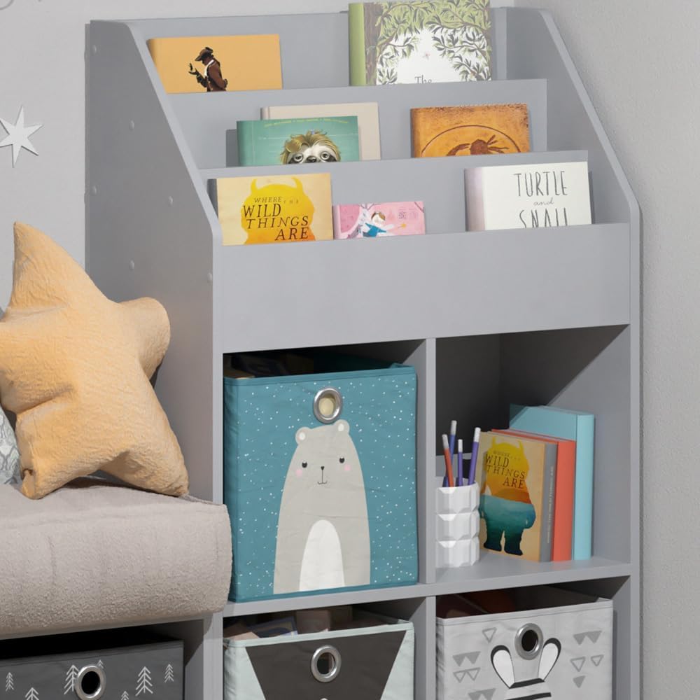 Vicco Kinderregal Grau Luigi mit 4 Faltboxen - 72x114x31 cm aus Spanplatte - Bücherregal ideal fürs