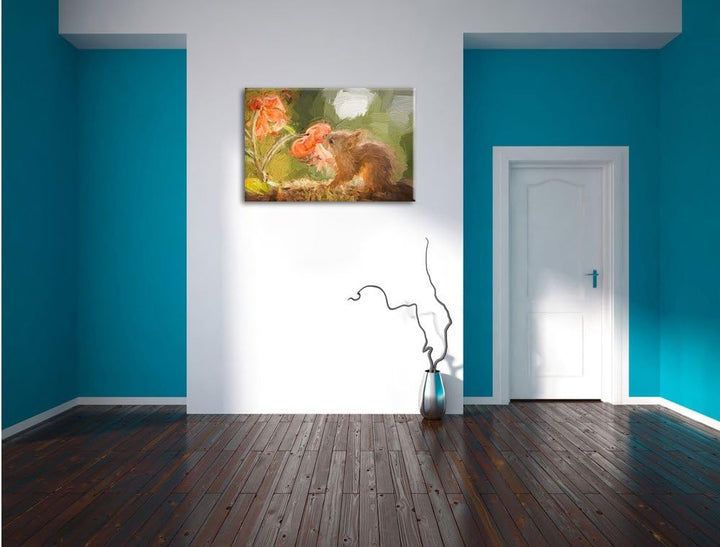 Pixxprint Eichhörnchen riecht an Einer Blume als Leinwandbild/Grösse: 100x70 cm/Wandbild/Kunstdruck/