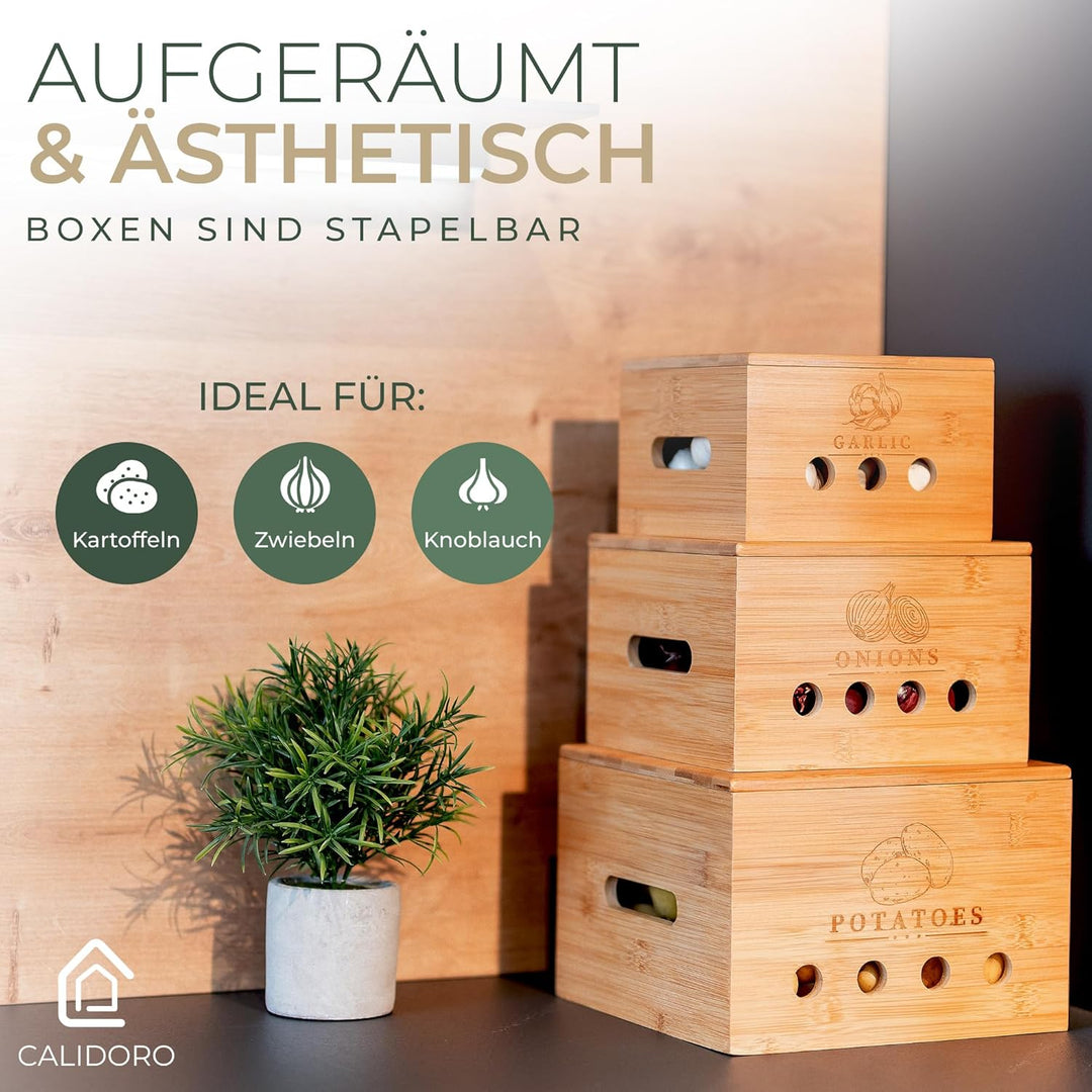 Premium Kartoffel Aufbewahrungsbox [3er Set] – Längerfrische Kartoffel Aufbewahrung, Knoblauch und Z