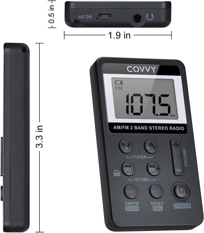 AM/FM Tragbares Radio,Covvy Digitales Pocket Mini Radio mit 500mAh 3.7V Wiederaufladbarer Akku und K
