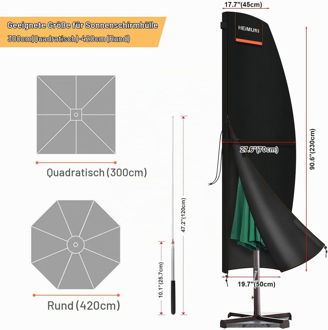HEIMUNI Schutzhülle Sonnenschirm 3m, Ampelschirm Schutzhülle mit Stab, Abdeckung für Sonnenschirm, A