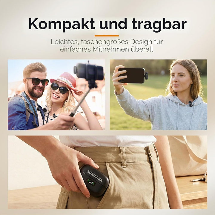 SONICAKE Mini Wireless Mikrofon, 2,4 GHz Dreistufige Geräuschunterdrückung | Kompatibel mit iPhone/A