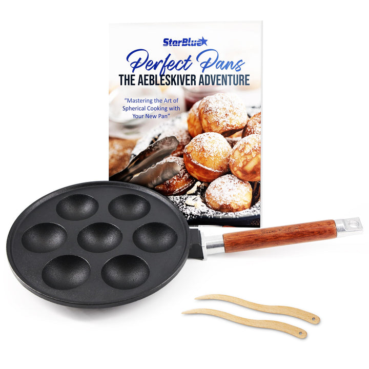 StarBlue 7-Loch-Aebleskiver-Pfanne aus Gusseisen, abnehmbarer Holzgriff, vorgebrannt, Aebleskiver-St