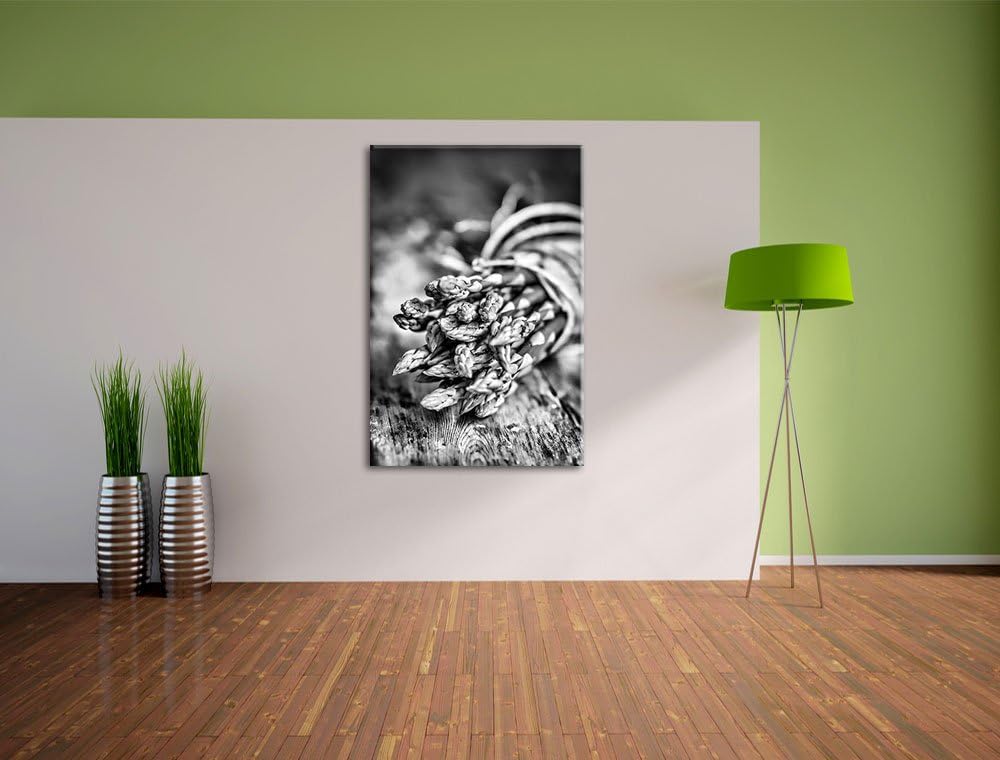 Pixxprint Monocrome, Frischer knackiger Spargel auf Holztisch, Format: 100x70 auf Leinwand, XXL ries