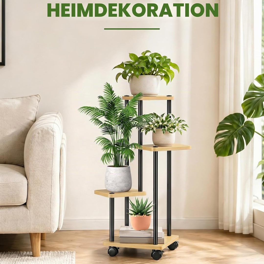 Blumenständer mit Rollen, 4 Etagen Pflanzenständer aus Metall und Holz, Platzsparend Indoor Pflanzen
