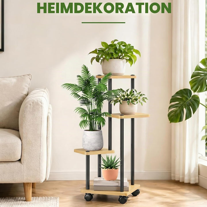 Blumenständer mit Rollen, 4 Etagen Pflanzenständer aus Metall und Holz, Platzsparend Indoor Pflanzen
