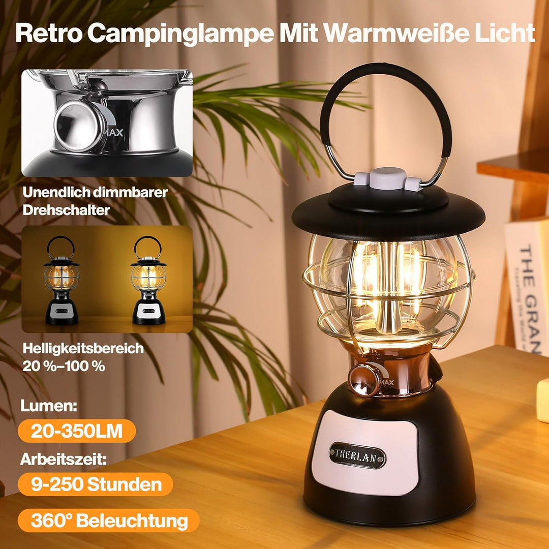 Therlan LED Campinglampe Aufladbar, 3 Lichtmodi, 250+ Std. Betriebsdauer, Stufenlos Dimmbar 4000K-65