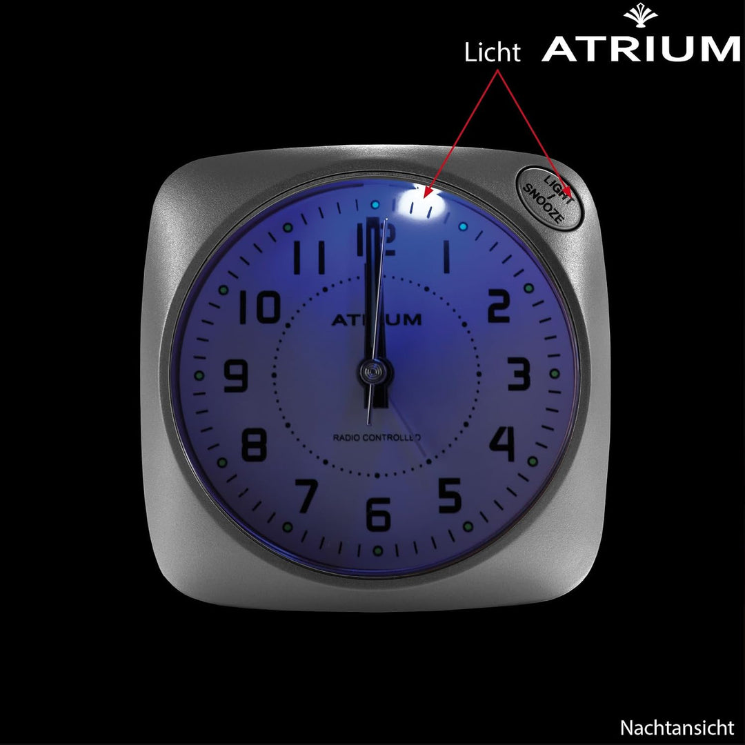 Atrium Funkwecker Analog Quarz ohne Ticken grosse Zahlen sehr deutlich mit Licht und Snooze Silber A