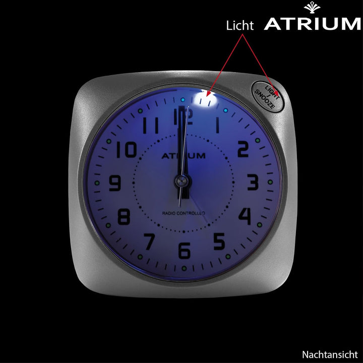 Atrium Funkwecker Analog Quarz ohne Ticken grosse Zahlen sehr deutlich mit Licht und Snooze Silber A