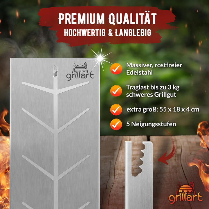 grillart® XXL Premium Flammlachsbrett aus Edelstahl – 180° drehbar &amp; 5-fach verstellbar – Lachsbrett