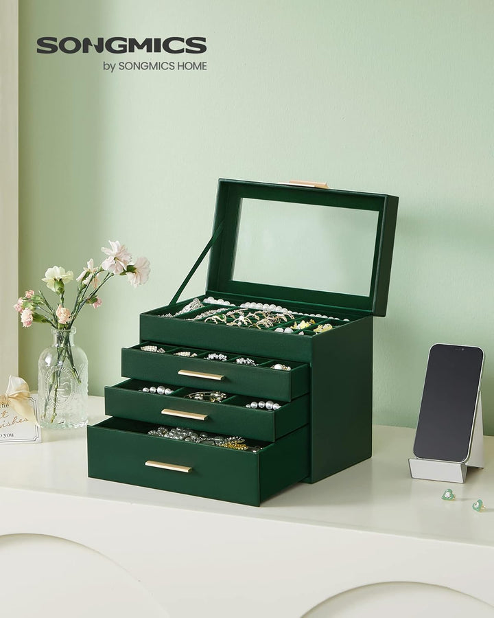 SONGMICS Schmuckkästchen, Schmuckkasten mit 4 Ebenen, Schmuckbox mit Glasdeckel, 3 Schubladen, für S