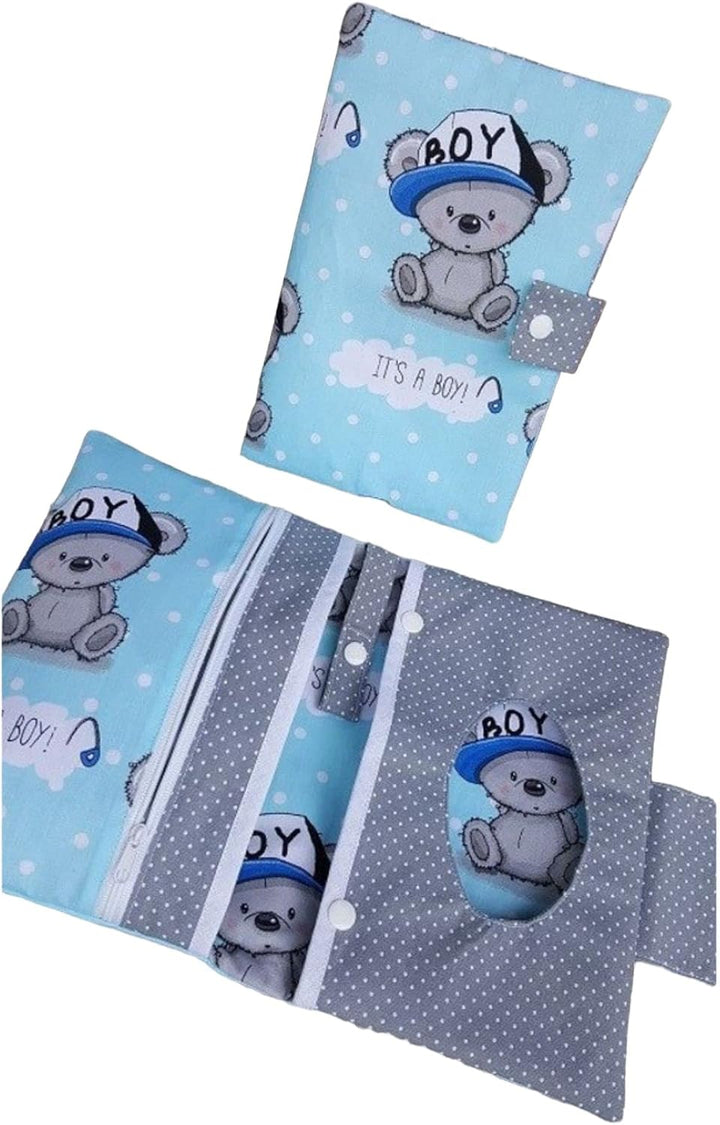Set: Windeltasche und U-Heft-Hülle Teddy Bärchen blau grau Babygeschenk Geburt
