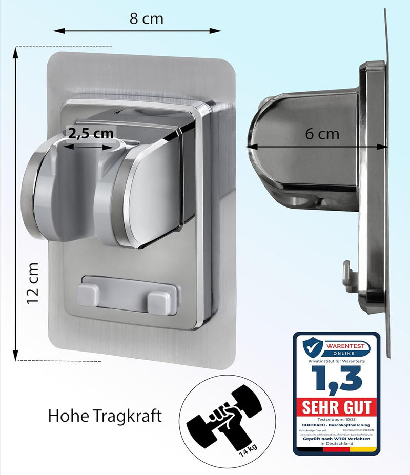 BLUMBACH® Duschkopfhalterung ohne Bohren - DAS ORIGINAL - Duschhalterung kleben statt Bohren - Neigu