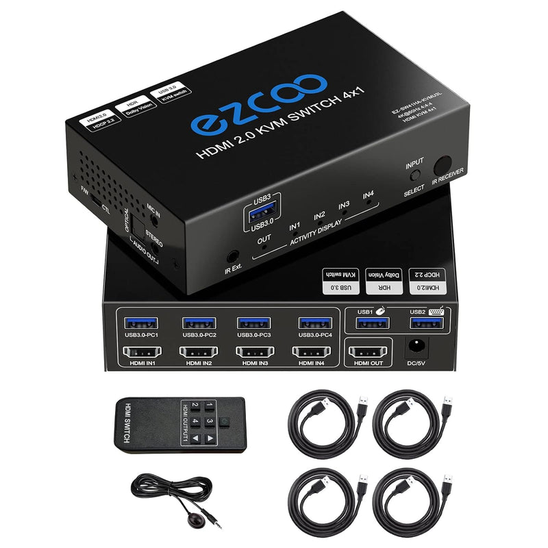 USB3.0 HDMI KVM Switch 4 Port 4 In 1 Out 4K 60Hz 4 In 4 Out SPDIF 5.1 Audio Breakout Mouse/Keyboard/