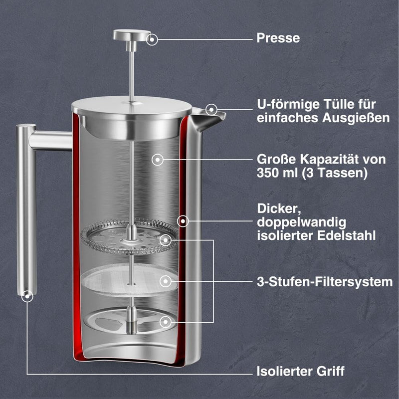 VonShef Edelstahl French Press für 3 Tassen, 350 ml – Doppelwandiger Kaffeebereiter mit Messlöffel/B